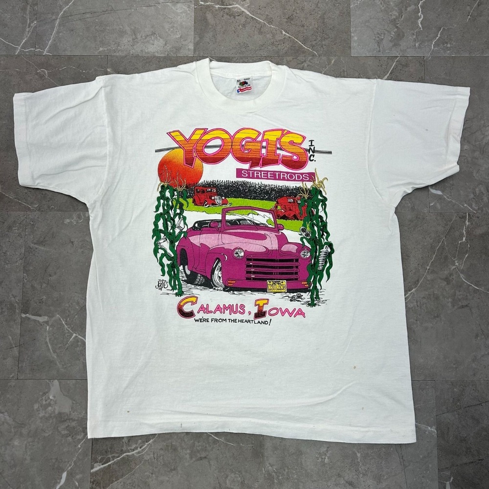 90s Vintage‎ Yogis Streetrods Graphic Tee Mens XL Rat Rod Distressed Shirt